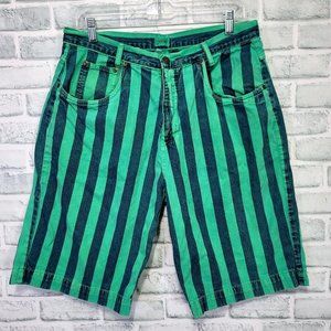 Vintage 90s Cherokee Juniors 13 Green Vertical Striped Denim Long Bermuda Shorts